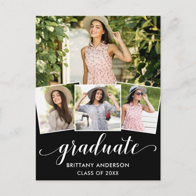 Invitation Carte Postale Moderne 4 Photo Graduation Party Calligraphie (Devant)
