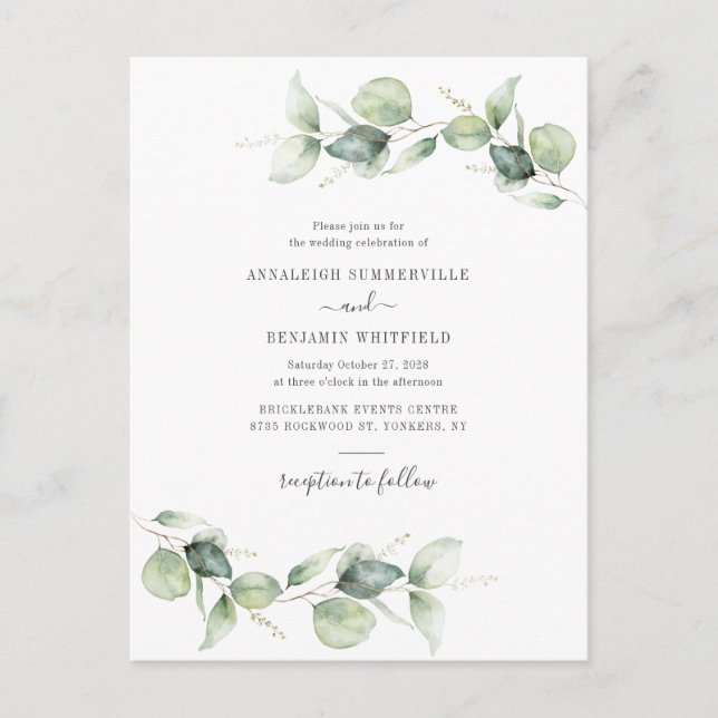 Invitation Carte Postale Moderne Eucalyptus Verdure Feuillage Mariage rusti (Devant)