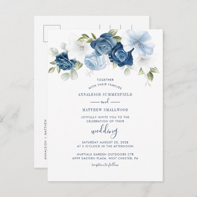 Invitation Carte Postale Moderne Floral verdure Dusty Blue Mariage (Devant / Derrière)