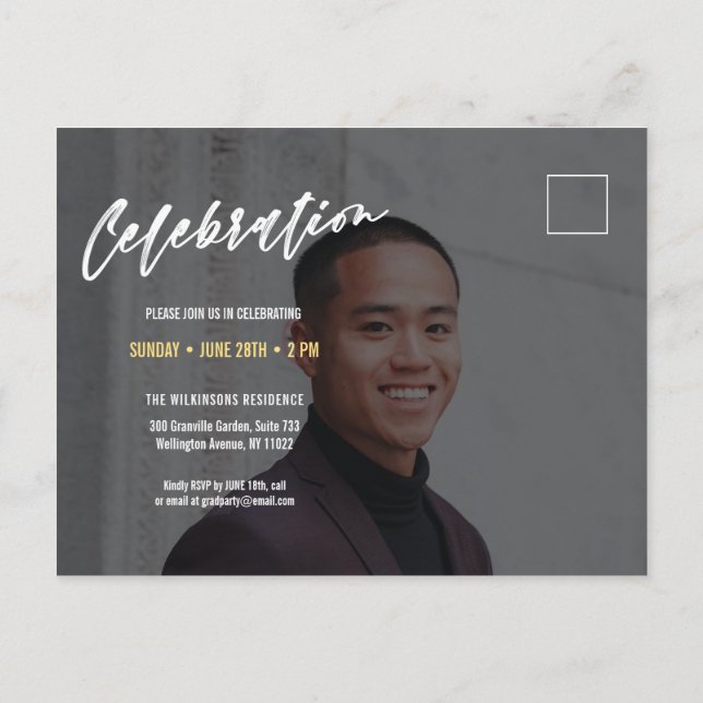 Invitation Carte Postale Moderne Gras Script Minimal Photo Graduation Party (Dos)