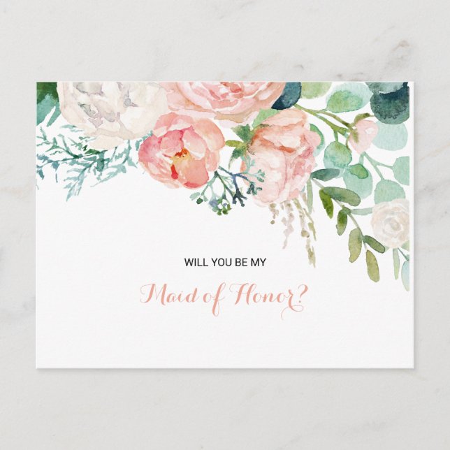 Invitation Carte Postale Moderne rose clair Tropical Floral Maid of Honor (Devant)