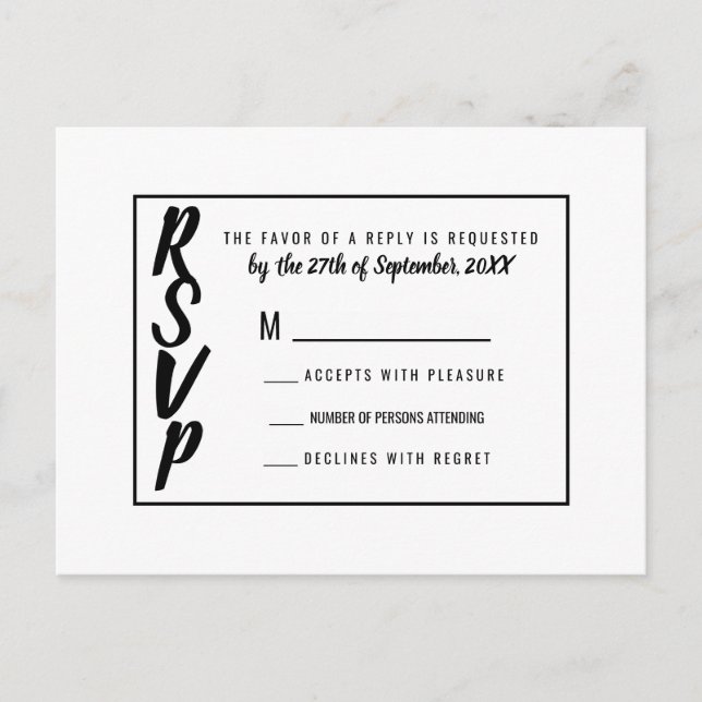 Invitation Carte Postale Moderne simple noir et blanc Pinstripe RSVP (Devant)