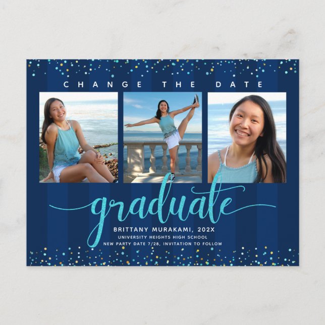 Invitation Carte Postale Modifier la date de graduation photo turquoise scr (Devant)