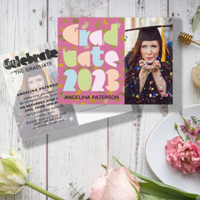 Invitation Carte Postale Mondern Pastel Graduation Photo Confetti Party (Créateur téléchargé)