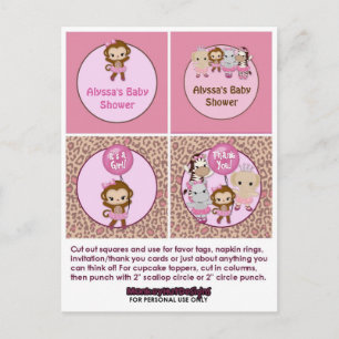 Invitation Carte Postale MONKEY Girl Baby shower Cupcake Topper Tu Cute