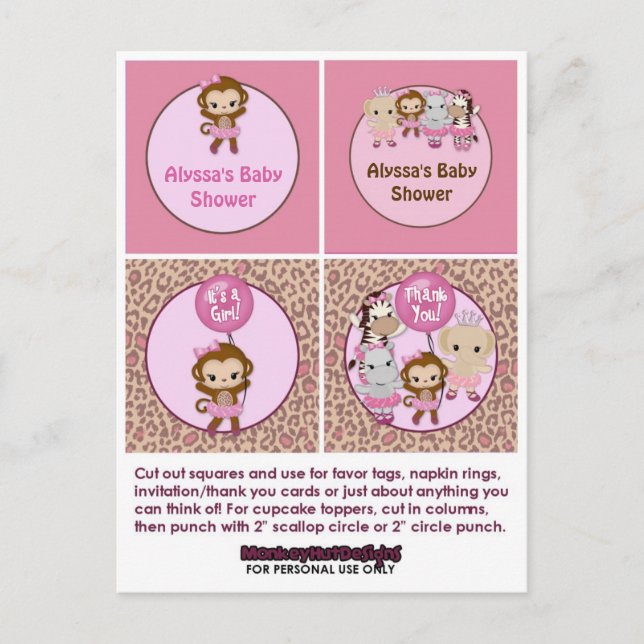 Invitation Carte Postale MONKEY Girl Baby shower Cupcake Topper Tu Cute (Devant)