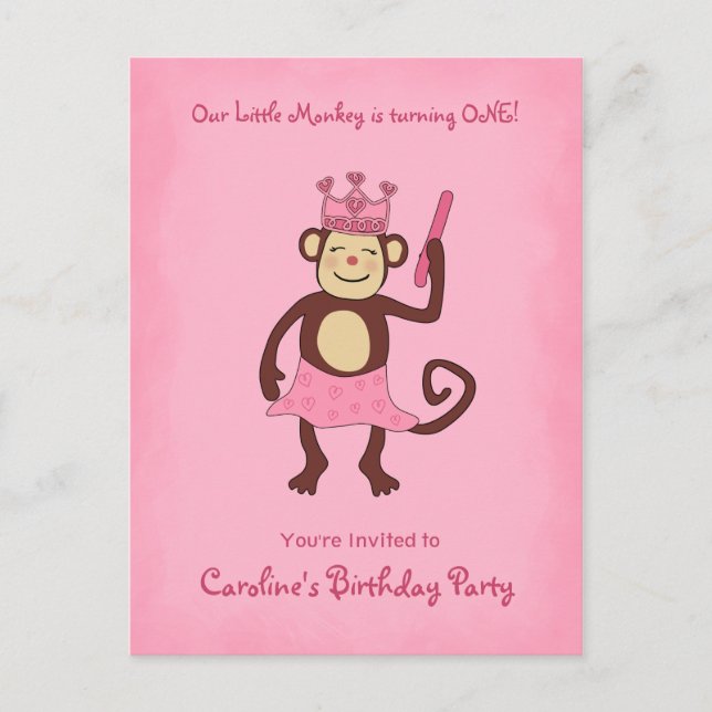 Invitation Carte Postale Monkey Princess 1er anniversaire (Devant)