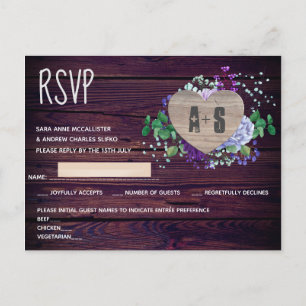 Invitation Carte Postale Monogramme cardiaque gravé rustique RSVP Bois flor