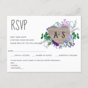 Invitation Carte Postale Monogramme cardiaque gravé rustique RSVP Bois flor
