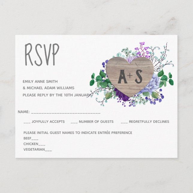 Invitation Carte Postale Monogramme cardiaque gravé rustique RSVP Bois flor (Devant)