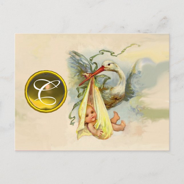 INVITATION CARTE POSTALE MONOGRAMME EN PIERRE DE BABY SHOWER JAUNE NEUTRE (Devant)