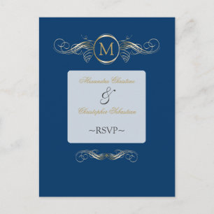 Invitation Carte Postale Monogramme Golden Swirls Elegant Bleu RSVP