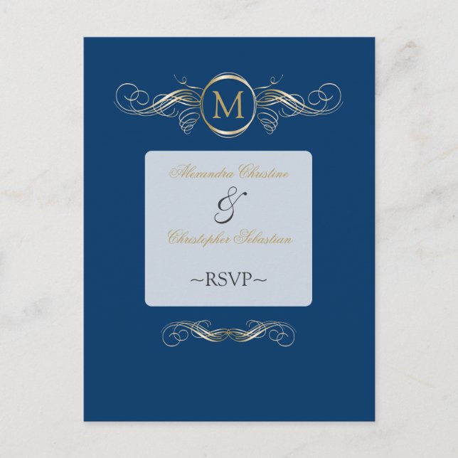 Invitation Carte Postale Monogramme Golden Swirls Elegant Bleu RSVP (Devant)
