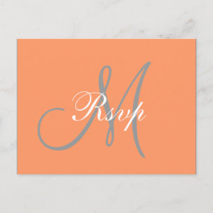 Invitation Carte Postale Monogramme gris orange simple épousant RSVP