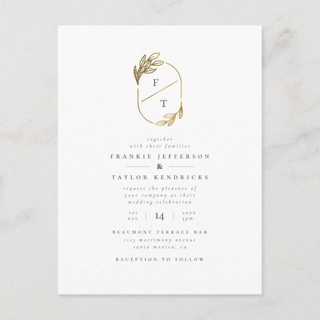 Invitation Carte Postale Monogramme minimal | Mariage Gold Wreath (Devant)