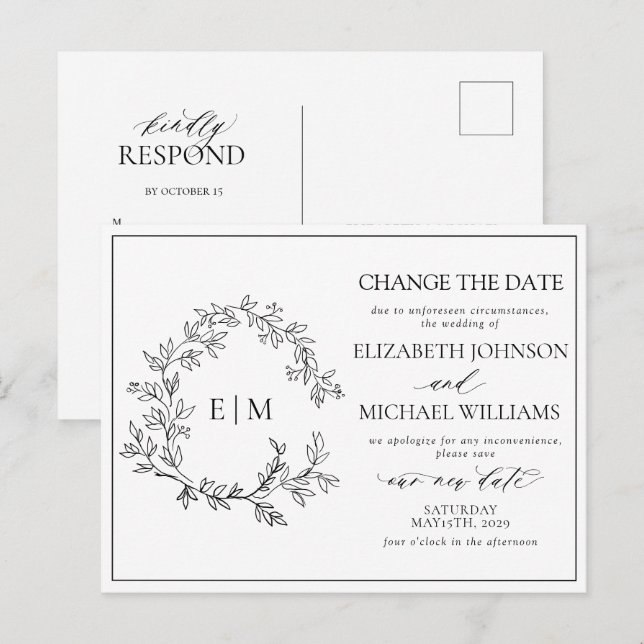 Invitation Carte Postale Monogramme noir blanc Cimier Changer La Date (Devant / Derrière)