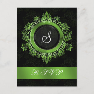 Invitation Carte Postale monogramme vert fleurit élégant mariage RSVP