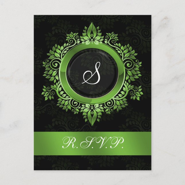 Invitation Carte Postale monogramme vert fleurit élégant mariage RSVP (Devant)