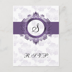 Invitation Carte Postale monogramme violet fleuri élégant mariage RSVP