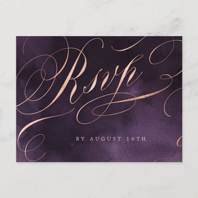 Invitation Carte Postale Moody violet rose or calligraphie mariage RSVP (Devant)