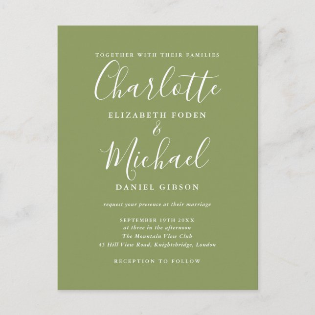 Invitation Carte Postale Moss Green Elegant Mariage de script moderne (Devant)