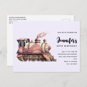 Invitation Carte Postale Moteur de train rose Style Steampunk Vintage Anniv