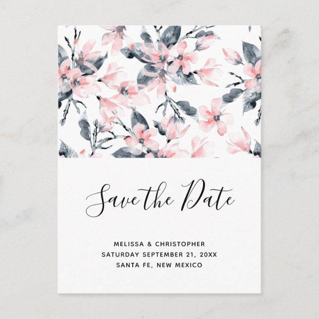 Invitation Carte Postale Motif floral rose et gris Enregistrer la date (Devant)