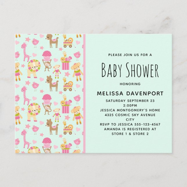 Invitation Carte Postale Motif mignon avec Happy Animals & Baby shower joue (Devant)