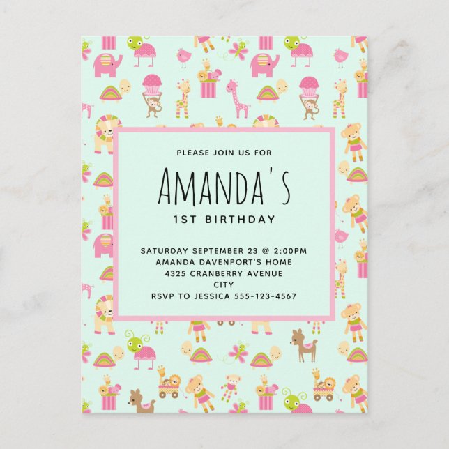 Invitation Carte Postale Motif mignon avec Nursery Animaux & Jouets Anniver (Devant)