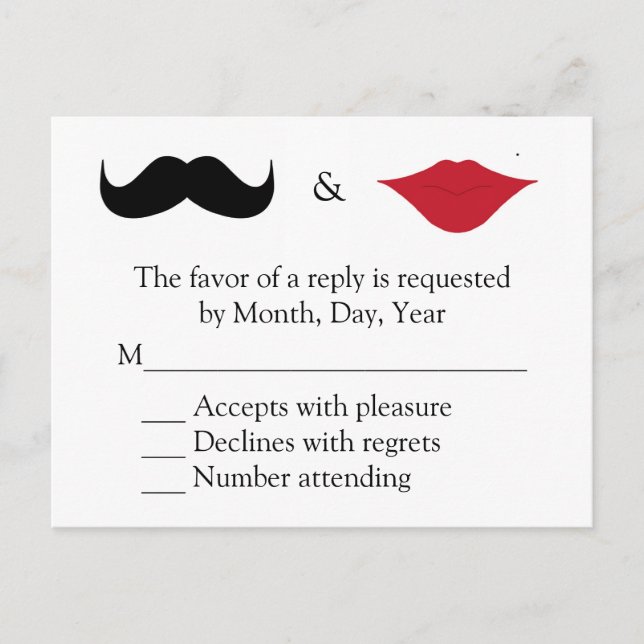 Invitation Carte Postale Moustache et lèvres RSVP (Devant)