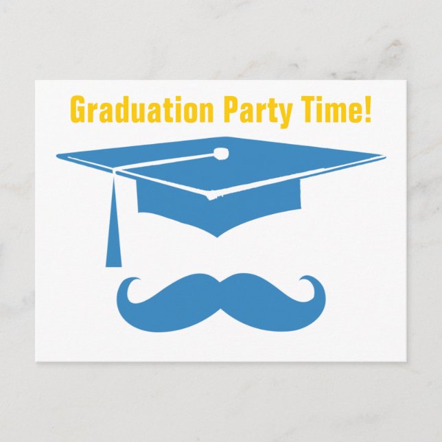 Invitation Carte Postale Mustache Graduation Bleu clair (Devant)