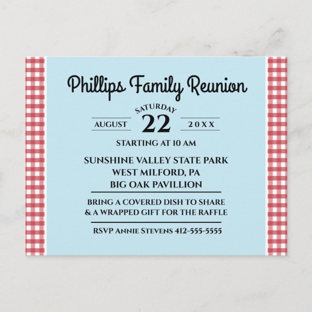 Invitation Carte Postale Nappe à carreaux rouge et blanc Réunion Famille bl (Devant)