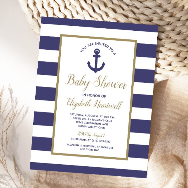 Invitation Carte Postale Nautical Anchor Navy Blue Striped Boy Baby Shower (Créateur téléchargé)