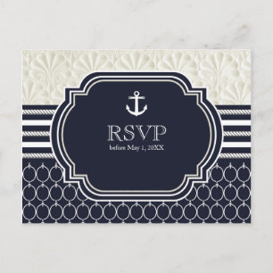 Invitation Carte Postale Nautique Marine & White Elegant Beach Wedding RSVP