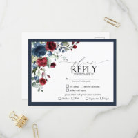 Navy Blue Bourgogne Floral Aquarelle Script RSVP