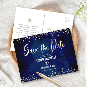 Invitation Carte Postale Navy Or Bat Mitzvah Save the Date Écriture Moderne