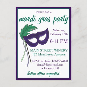 Invitation Carte Postale New Orleans Mardi Gras Masquerade Masque Ball