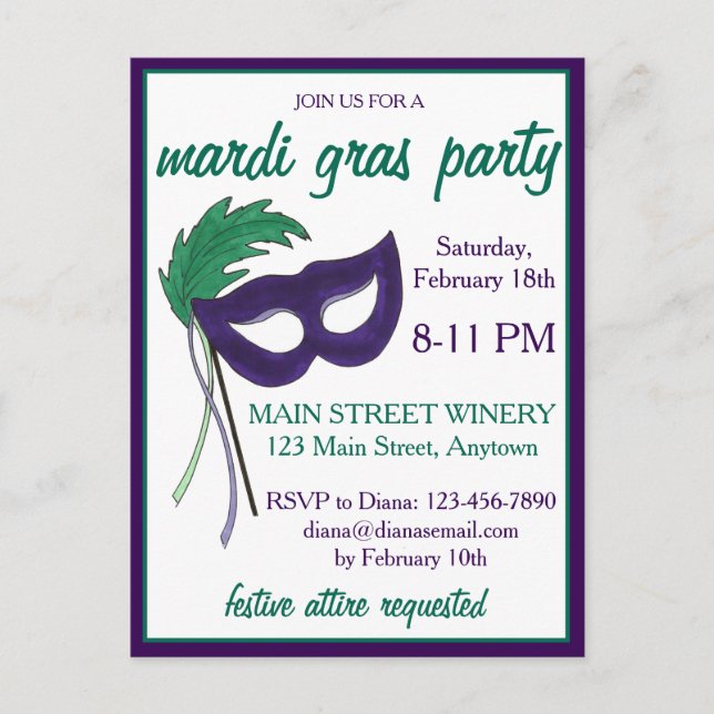 Invitation Carte Postale New Orleans Mardi Gras Masquerade Masque Ball (Devant)