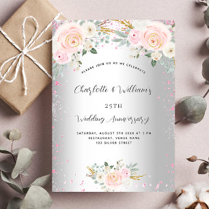 Invitation Carte Postale Noces de mariage argent rose floral 25 ans