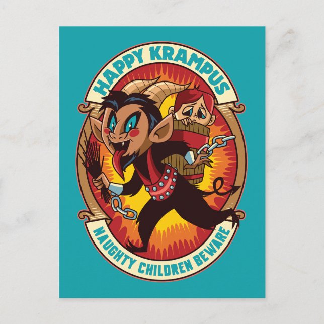 Invitation Carte Postale Noël Joyeux Krampus Naughty Enfants Attention (Devant)