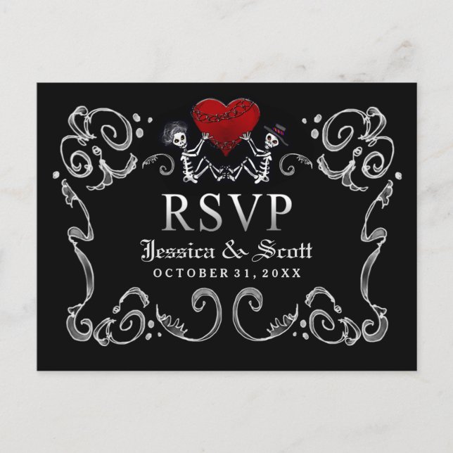 Invitation Carte Postale Noir Blanc Halloween Skeletons Mariage de coeur RS (Devant)
