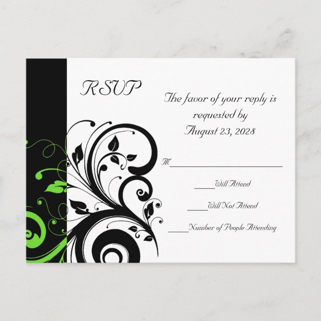 Invitation Carte Postale Noir/Blanc/Lime Vert Gras Mariage RSVP (Devant)