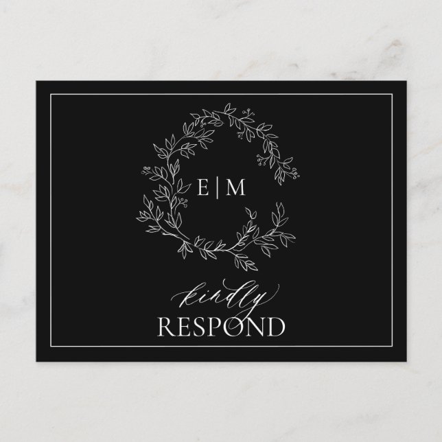 Invitation Carte Postale Noir blanc poitrine feuillus Monogramme Mariage RS (Devant)