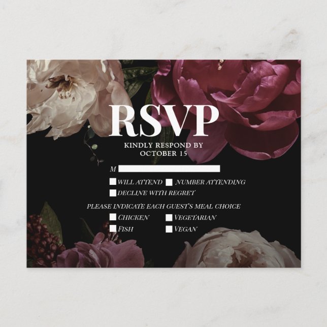 Invitation Carte Postale Noir Blush Bourgogne Choix de repas Mariage RSVP (Devant)