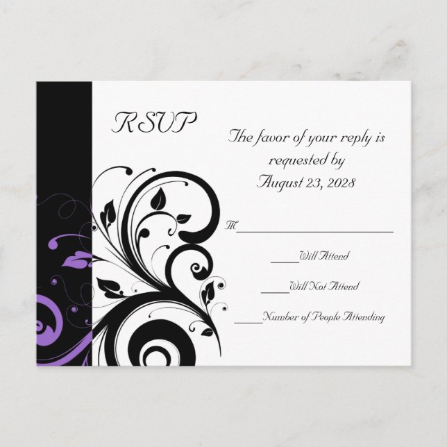 Invitation Carte Postale Noir et blanc avec accent de tourbillon violet (Devant)