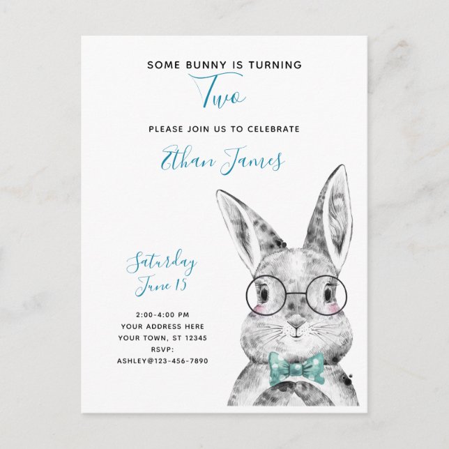 Invitation Carte Postale Noir et blanc Un lapin atteint deux ans (Devant)