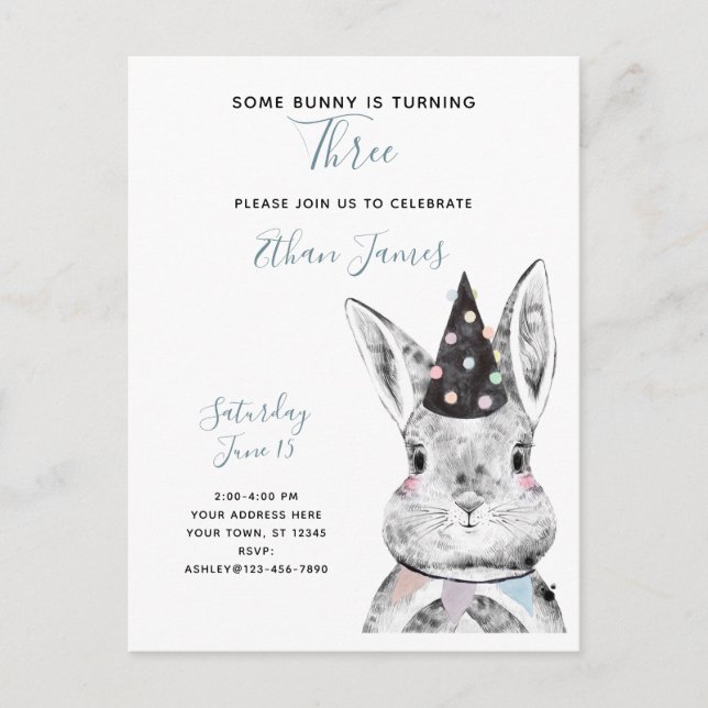 Invitation Carte Postale Noir et blanc Un lapin atteint trois ans (Devant)
