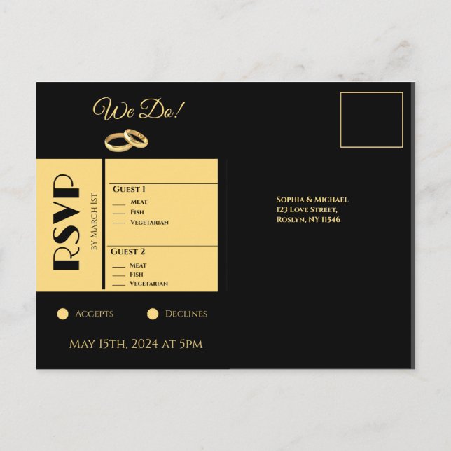 Invitation Carte Postale Noir et mariage d'or RSVP- (Dos)