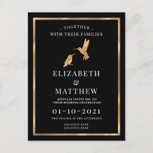 Invitation Carte Postale Noir et or avec Mariage Oiseaux Humming