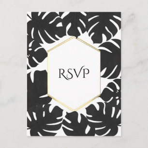 Invitation Carte Postale Noir Feuille Tropical Blanc & Or Mariage RSVP